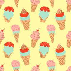 ice cream cone, waffle seamless pattern Creative vector on yellow background for fabric, textile stock illustration EPS