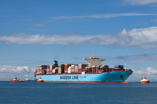 KOPER, SLOVENIA - SEPTEMBER 17, 2021: Logo of Maersk on a container ship in the port of Koper on the Adriatic. Maersk lloyd is a Danish logistics and cargo transportation carrier company.....