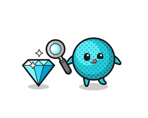 spiky ball mascot is checking the authenticity of a diamond