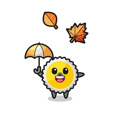 cartoon of the cute saw blade holding an umbrella in autumn