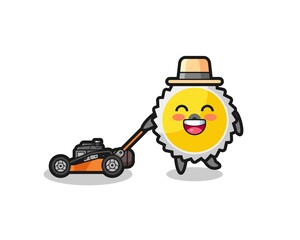 illustration of the saw blade character using lawn mower