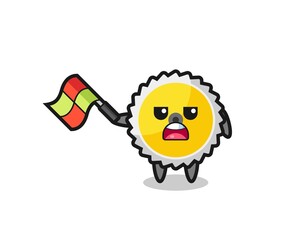 saw blade cartoon as the line judge hold the flag up at a 45 degree angle