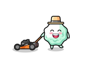 illustration of the chewing gum character using lawn mower
