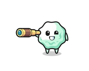 cute chewing gum character is holding an old telescope