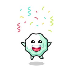 happy chewing gum mascot jumping for congratulation with colour confetti