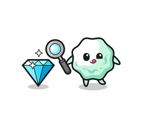 chewing gum mascot is checking the authenticity of a diamond