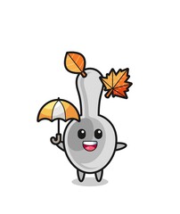cartoon of the cute spoon holding an umbrella in autumn
