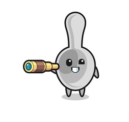 cute spoon character is holding an old telescope