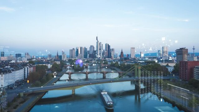 Backwards fly above river flowing through city at dusk. Various digital visual effects for objects. Hyper lapse footage of Frankfurt am Main, Germany
