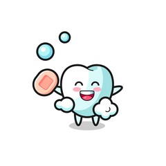 tooth character is bathing while holding soap