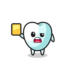 cartoon tooth character as a football referee giving a yellow card