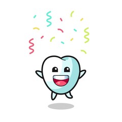 Fototapeta na wymiar happy tooth mascot jumping for congratulation with colour confetti