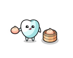cute tooth character eating steamed buns