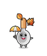 cartoon of the cute cooking spoon holding an umbrella in autumn