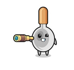 cute cooking spoon character is holding an old telescope