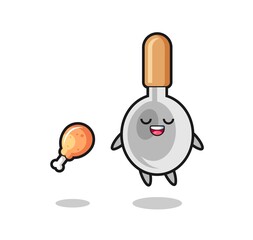 cute cooking spoon floating and tempted because of fried chicken
