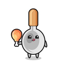 cooking spoon cute mascot is eating a fried chicken