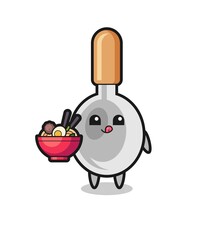 cute cooking spoon character eating noodles