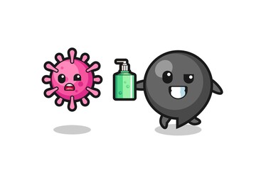 Fototapeta premium illustration of comma symbol character chasing evil virus with hand sanitizer