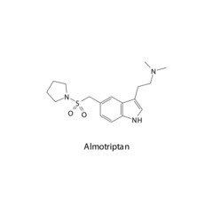 Almotriptan molecule flat skeletal structure, Triptan class drug used to treat migraine. Vector illustration.