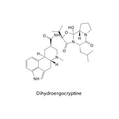 Dihydroergocryptine molecule flat skeletal structure, Ergot class drug used to treat migraine. Vector illustration.