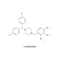 Lomerizine molecule flat skeletal structure, Diphenylpiperazine CCB class drug used to treat migraine. Vector illustration.