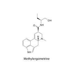 Methylergometrine molecule flat skeletal structure, Ergot class drug used to treat migraine. Vector illustration.