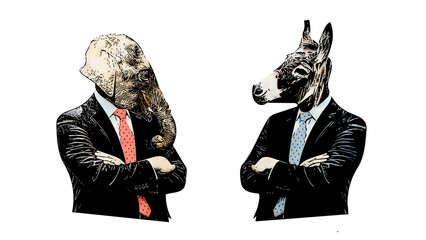 Graffiti style cartoon illustration of republican elephant mascot and democratic donkey mascot in a confrontation  - obrazy, fototapety, plakaty