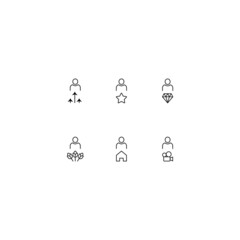 Line icon set with monochrome signs suitable for adverts, shops, stores, apps. Arrows, star, jewel, flower, house, video camera by faceless user