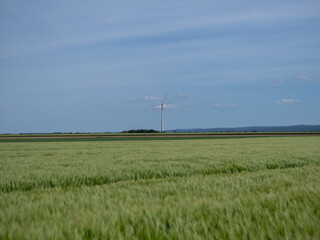 Eine Windkraftanlage einsam auf dem Bauernfeld.