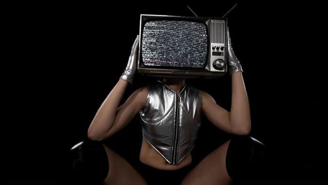 Televion head woman with static on screen