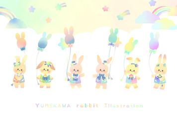 ゆめかわウサギのセットイラスト 背景付き