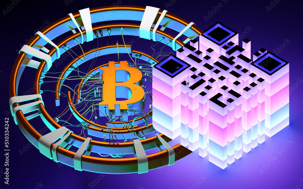 Poster bitcoin technology. qr code for cryptocurrency payment concept. blockchain money payment technologie
