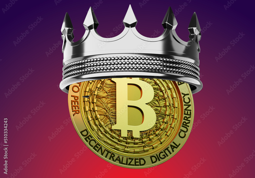 Poster bitcoin money. blockchain coin with crown. golden bitcoin coin on purple. cryptocurrency mining conc
