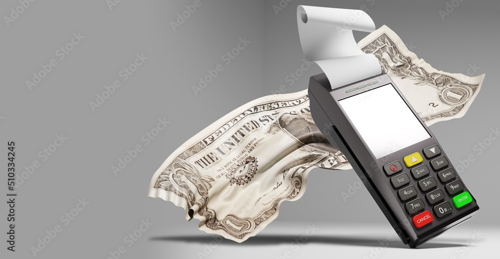 Poster pos terminal. cash register with check tape. one dollar bill next to pos terminal. device for receiv