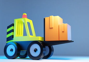 Forklift truck with boxes. Forklift for loading operations without driver. Cartoon style. Forklift truck on blue background. Concept of special loading equipment. Warehouse machine. 3d image.
