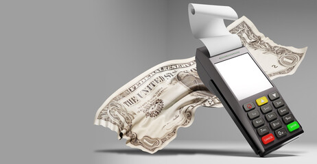 POS terminal. Cash register with check tape. One dollar bill next to POS terminal. Device for...