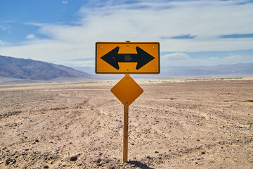 Road sign left or right in middle of sandy desert