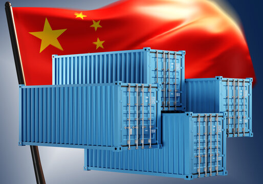 Transportation from China. Cargo containers and PRC flag. Containers for sea freight. Concept of delivery of goods from China. Chinese trucking company. Closed cargo containers for import. 3d image.