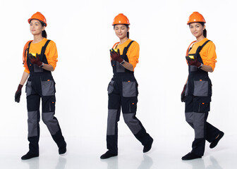 Full length 20s young Asian Woman contractor electrician, walking forward left right