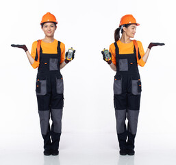 Full length 20s young Asian Woman contractor electrician, showing empty palm hand