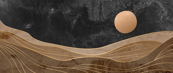 Luxury landscape black and white art background with mountains or waves in beige and gold. Vector watercolor banner for decor, interior design, wallpaper, print