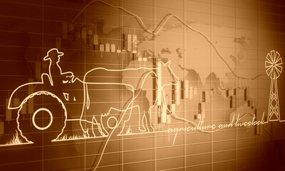 Agricultural machinery. Vehicle for field farm work. Industrial tractor transport with driver and cow thin line icons. Agriculture and livestock text. Stock exchange background with world map
