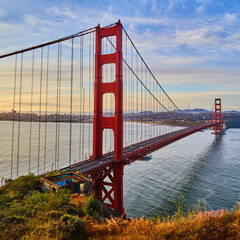 Square crop of Golden Gate Bridge in San Francisco during sunrise