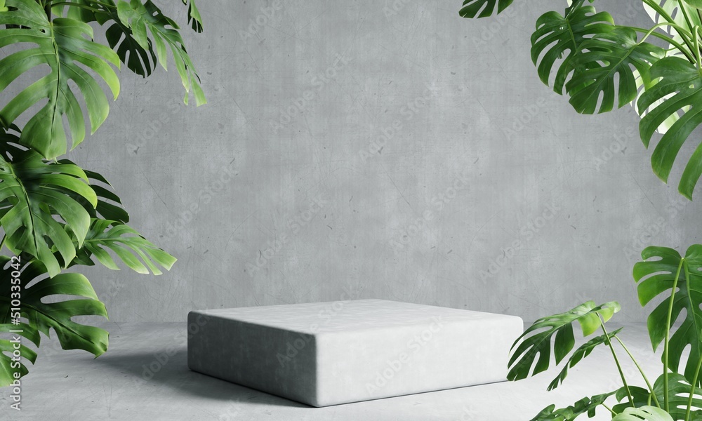Aufkleber one rectangle podium in grey loft color background with monstera plant foreground. abstract wallpape