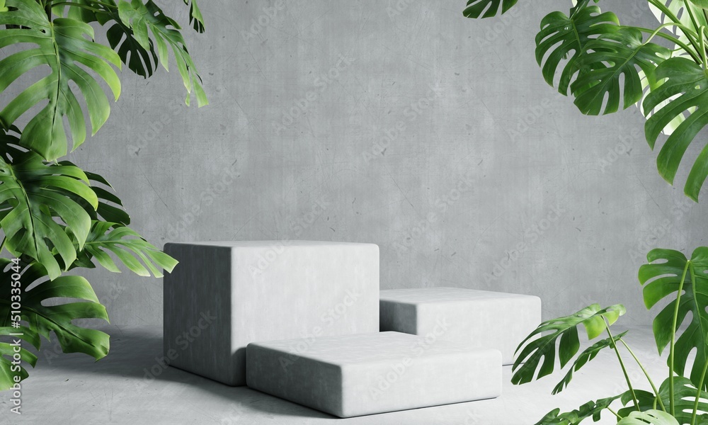 Aufkleber three rectangle podiums in grey loft color background with monstera plant foreground. abstract wallp
