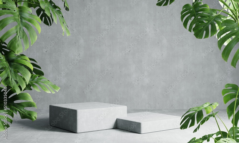 Aufkleber two rectangle podiums in grey loft color background with monstera plant foreground. abstract wallpap