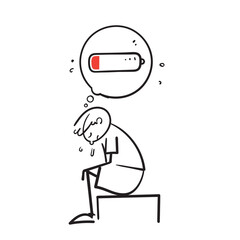hand drawn doodle tired fatigue person with low battery illustration