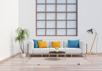 Living room interior in modern style, 3d render with sofa and decorations.