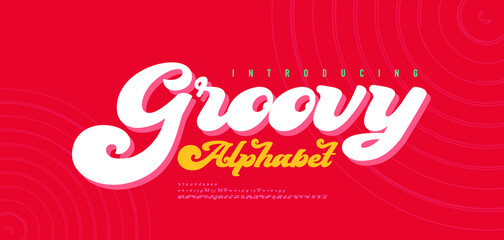 70s retro groovy alphabet letters font and number. Typography decorative fonts vintage concept. Inspirational slogan print with hippie symbols for graphic tee t shirt or logo. vector illustration - obrazy, fototapety, plakaty